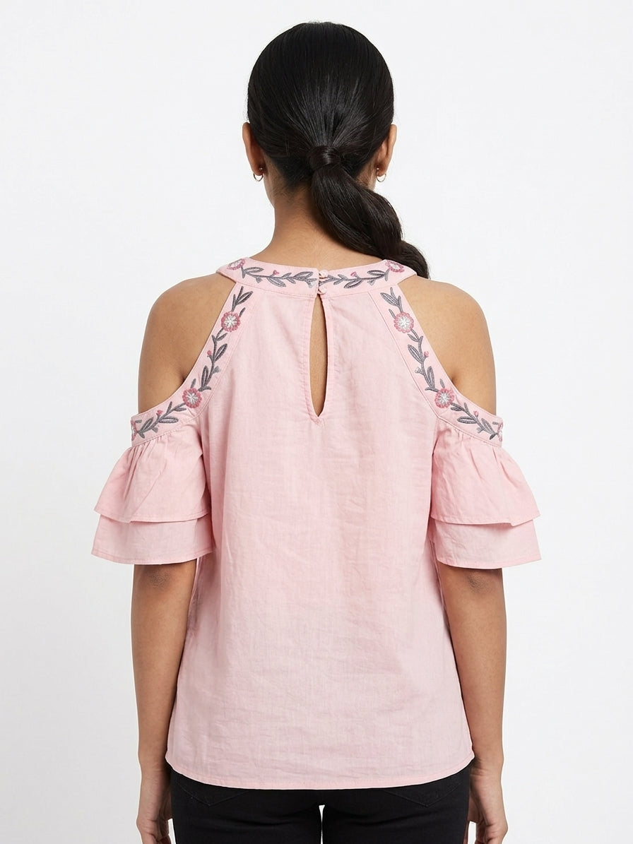 Pink Embroidered Cold Shoulder Top