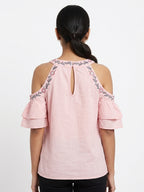 Pink Embroidered Cold Shoulder Top