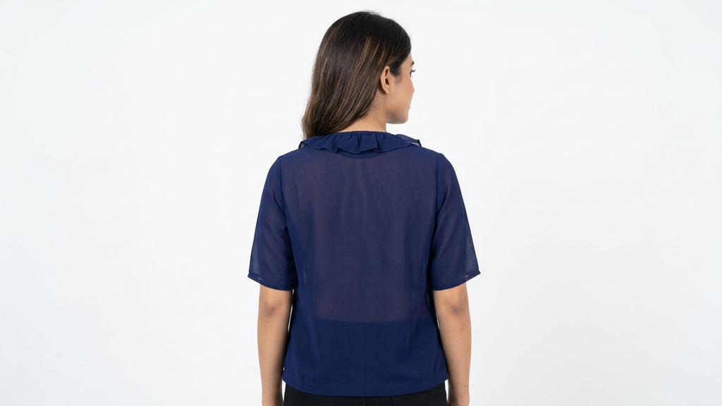 Navy Ruffled Tie-Front Shrug