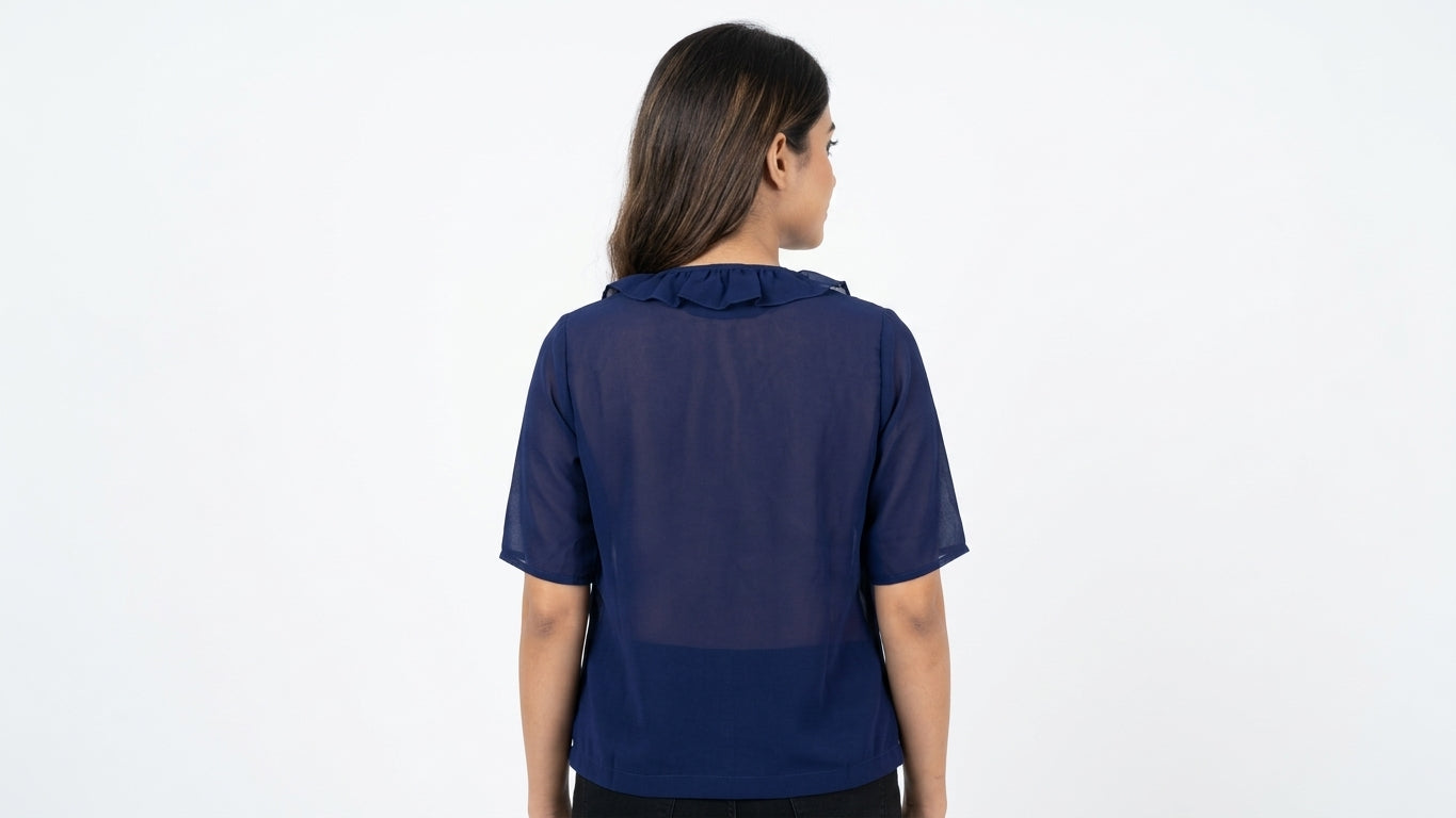 Navy Ruffled Tie-Front Shrug