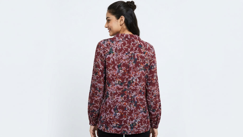 Burgundy Floral Print Long Sleeve Tunic Top