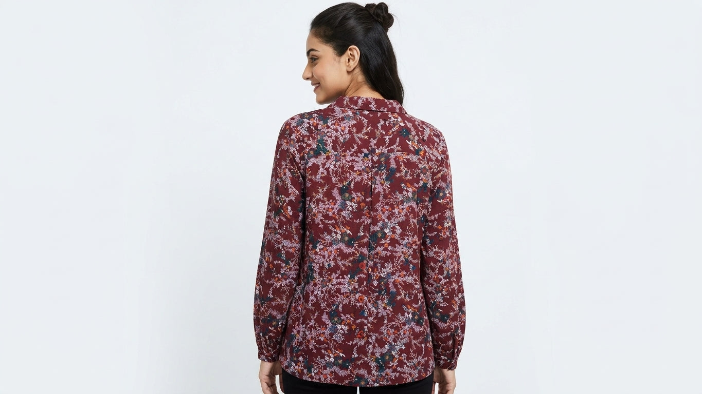Burgundy Floral Print Long Sleeve Tunic Top