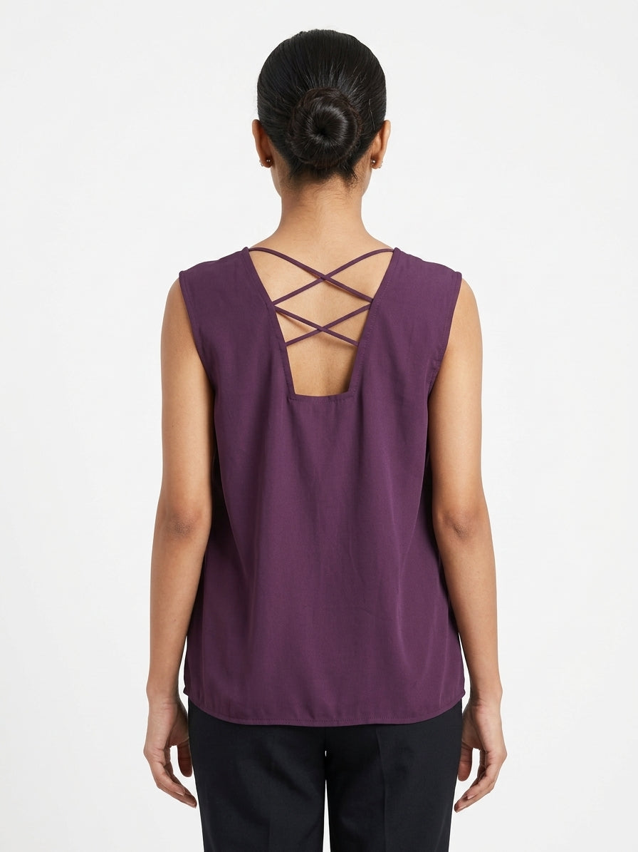 Women's Plum Pleated Sleeveless Relaxed Fit Top