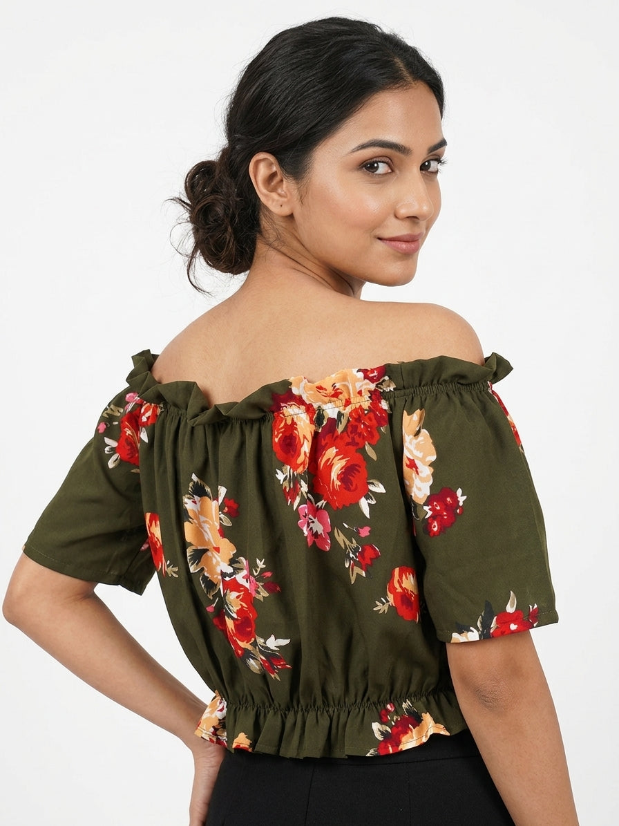 Olive Green Floral Off-Shoulder Crop Top
