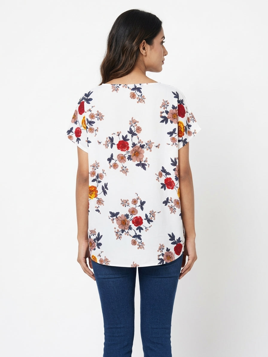 White Floral Print V-Neck Relaxed Fit Top