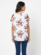 White Floral Print V-Neck Relaxed Fit Top