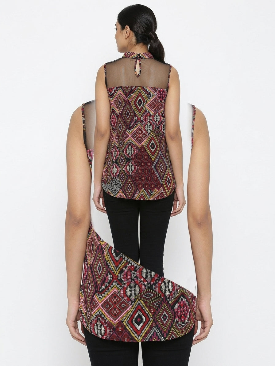 Women's Red Geometric Print Sleeveless Top with Sheer Details