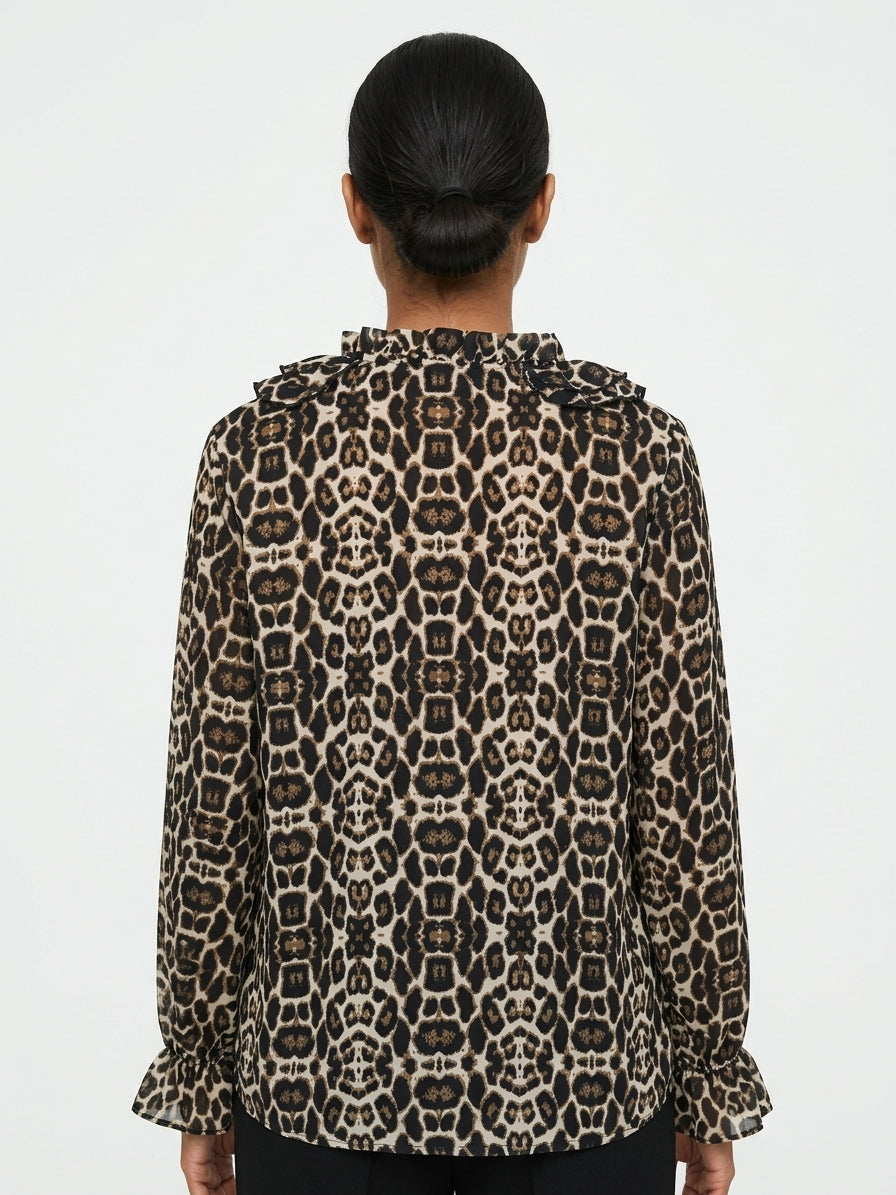 Women's Beige & Black Leopard Print Ruffled Blouse