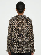 Women's Beige & Black Leopard Print Ruffled Blouse