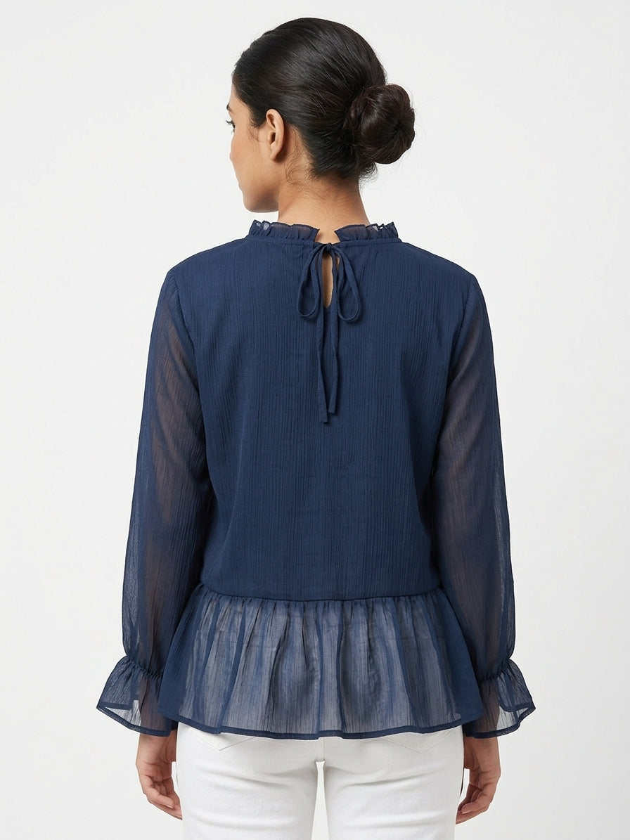 Carlton London Blue Ruffled Long Sleeve Peplum Top