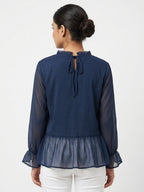 Carlton London Blue Ruffled Long Sleeve Peplum Top