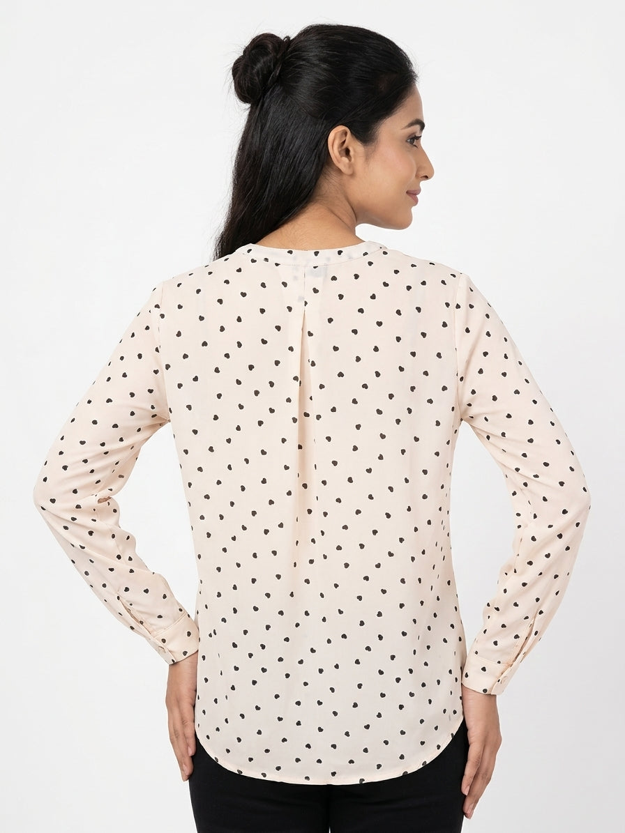 Women's Cream Heart Print Long Sleeve Blouse