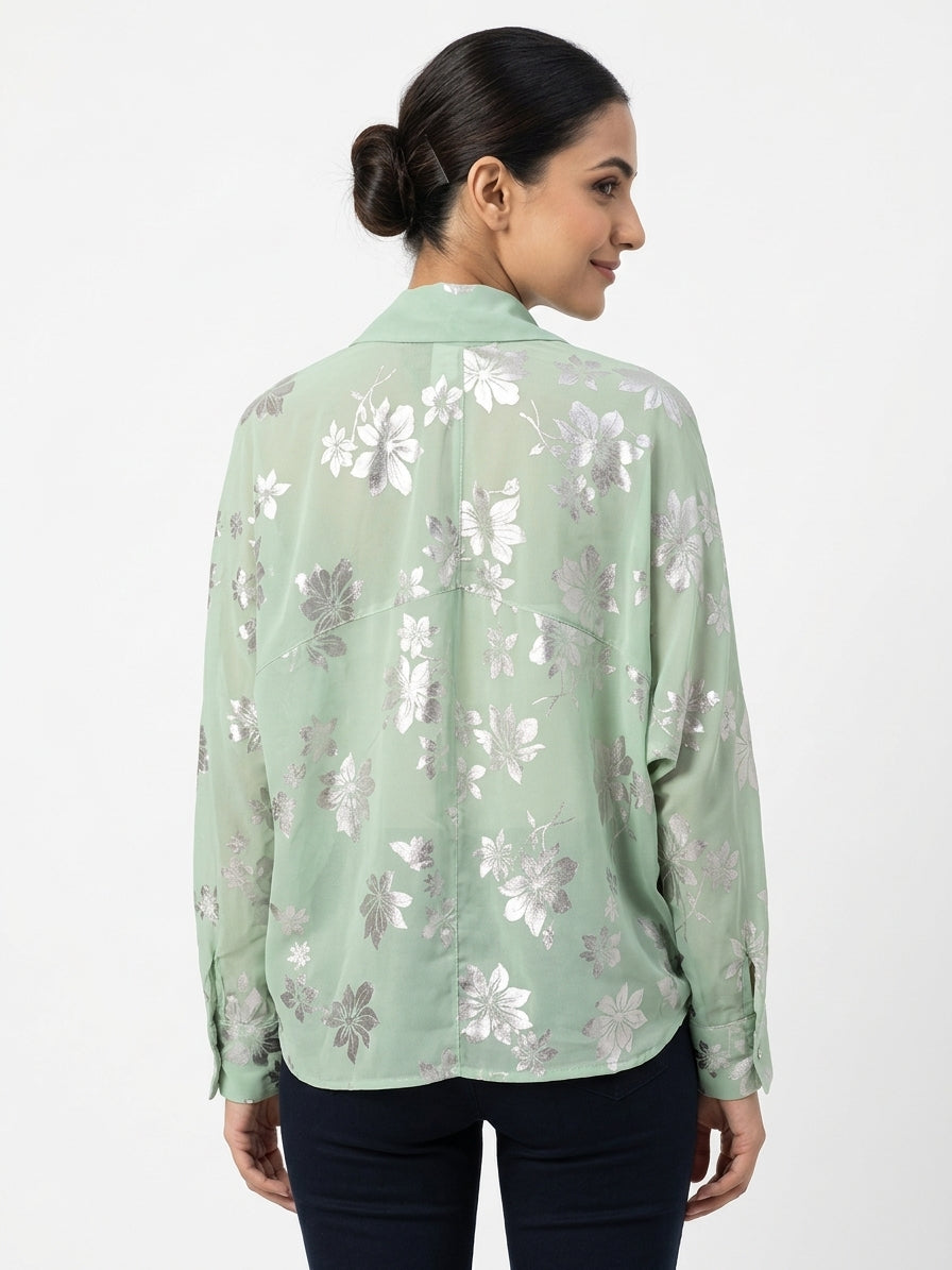 Mint Green Floral Print Open-Front Shrug