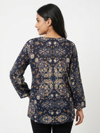Navy Floral and Paisley Printed V-Neck Casual Top