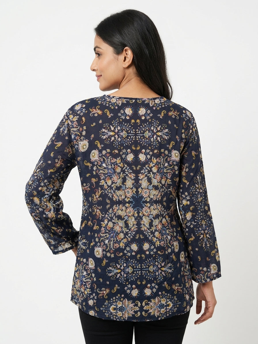 Navy Floral and Paisley Printed V-Neck Casual Top