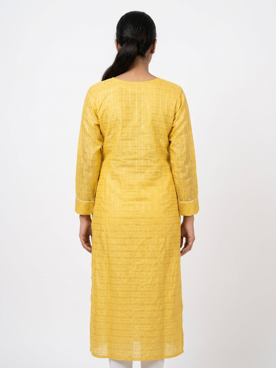 Yellow Striped Embroidered Kurti