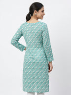 Teal Geometric Print Cotton Kurti