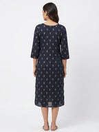 Navy Printed V-Neck Kurti with Red Accents