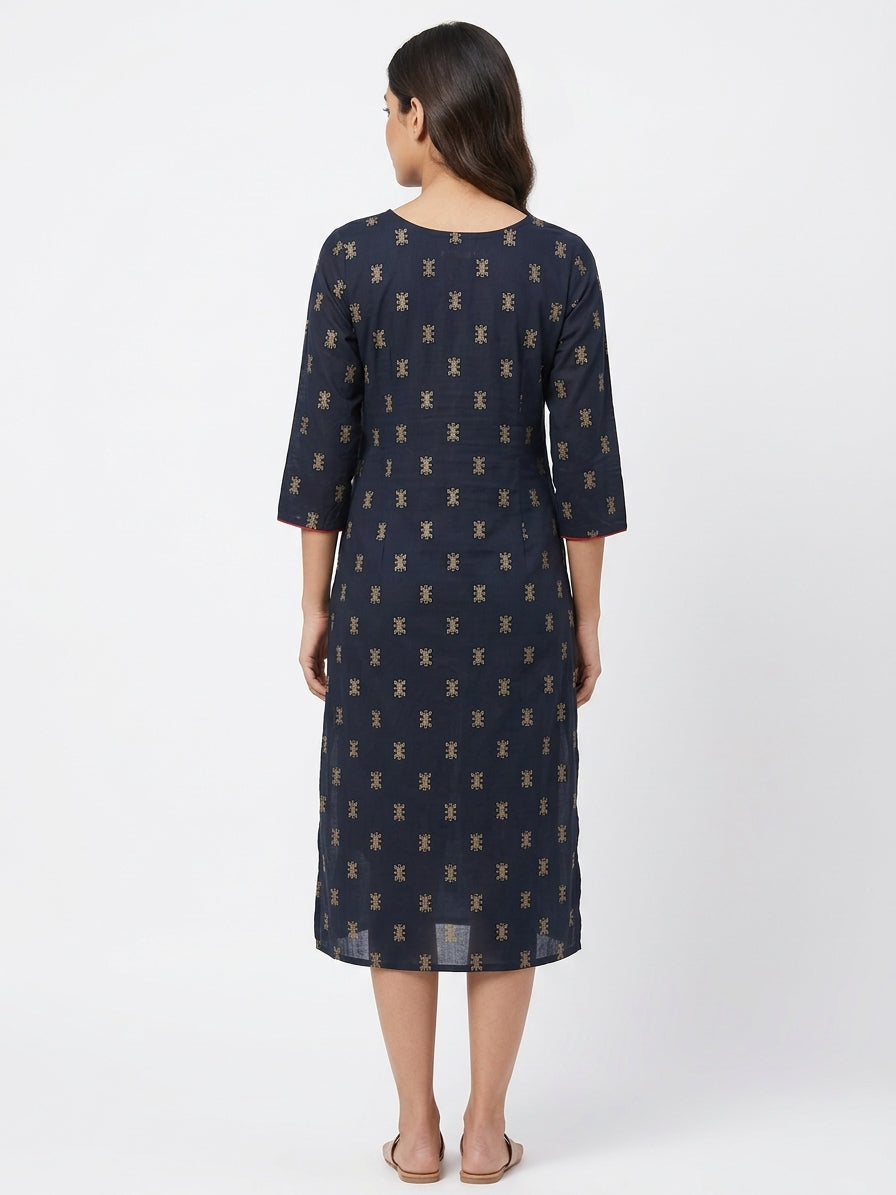 Navy Printed V-Neck Kurti with Red Accents