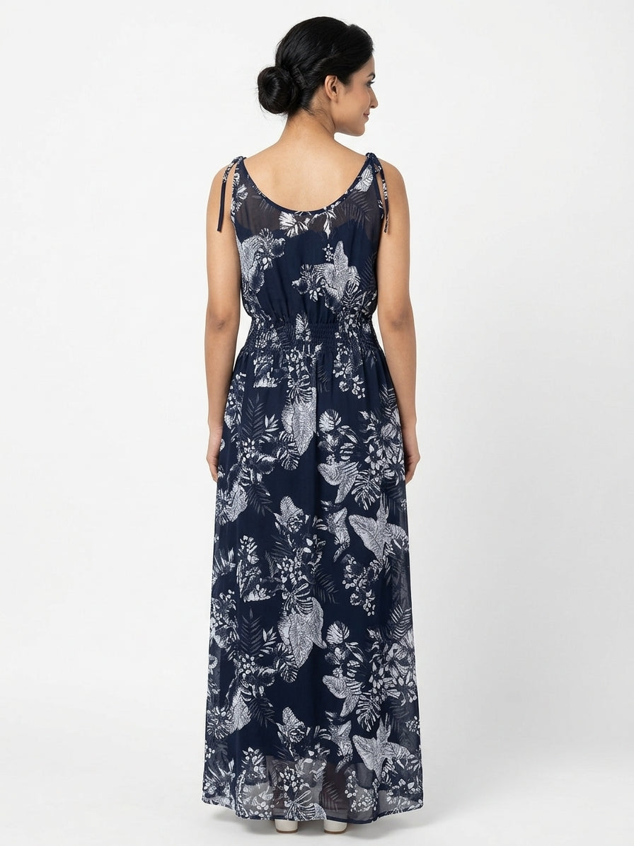 Navy Floral Print Sleeveless Maxi Dress