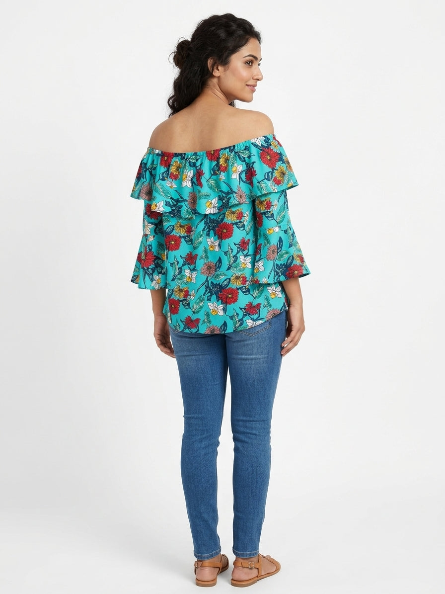 Women's Turquoise Floral Off-Shoulder Top