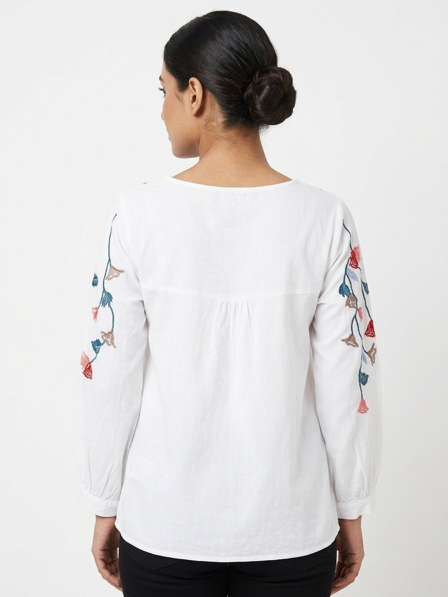 White Embroidered Floral Casual Top