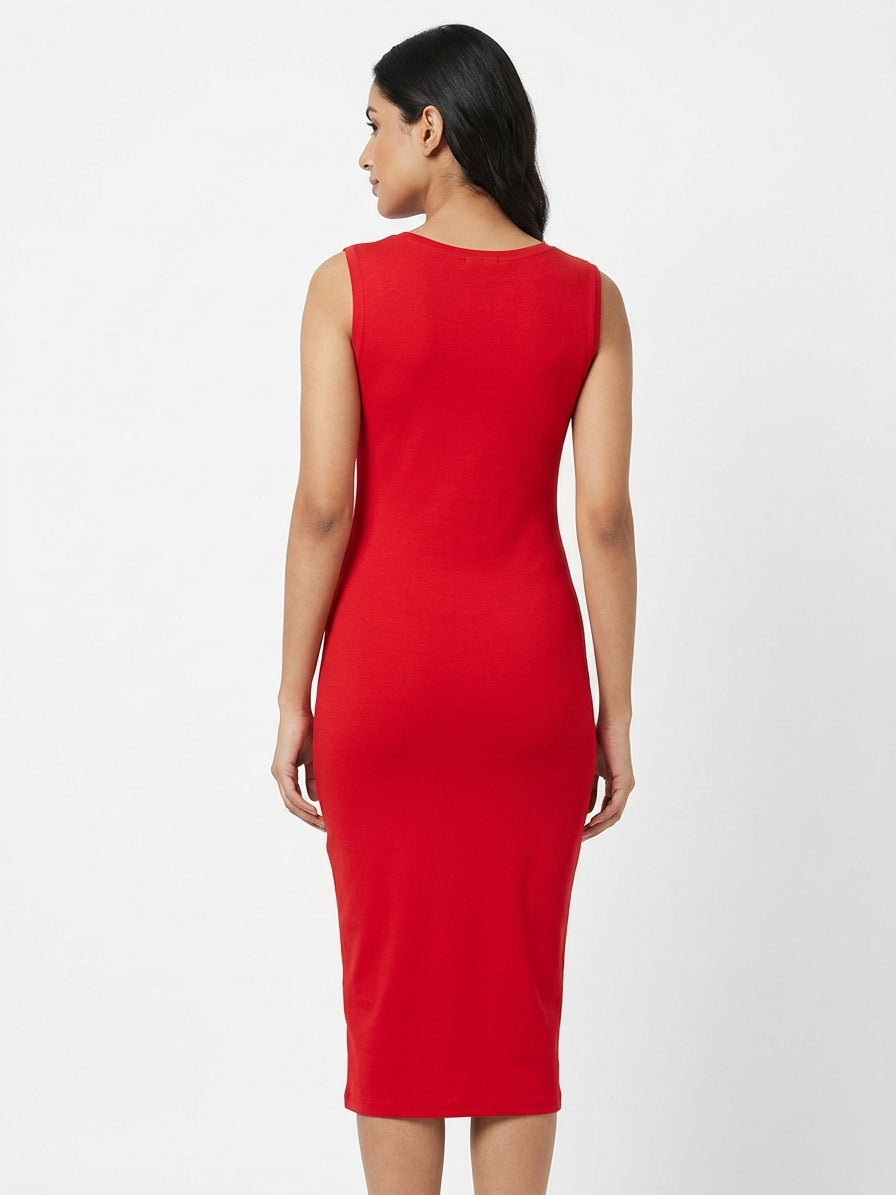 Red Sleeveless Lace-Up Detail Bodycon Dress
