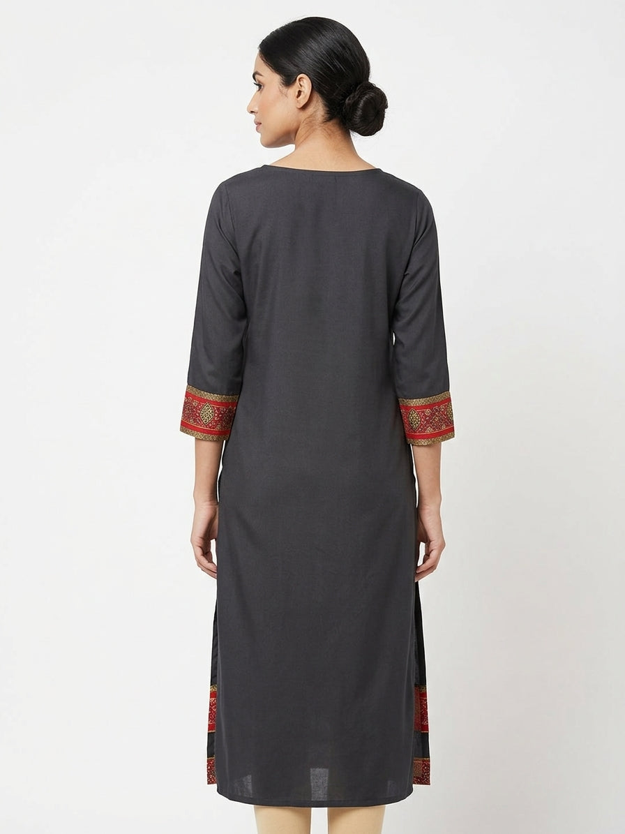 Women's Charcoal Printed Straight Kurta