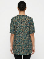 Women's Navy Floral Leaf Print Button-Front Tunic Top