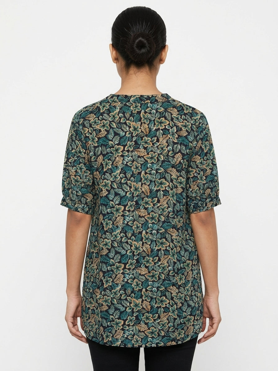 Women's Navy Floral Leaf Print Button-Front Tunic Top