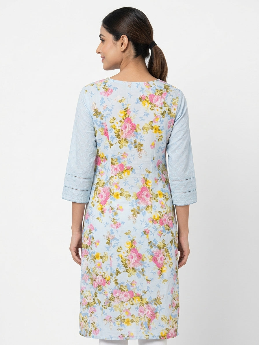 Light Blue Floral Printed Cotton Kurti