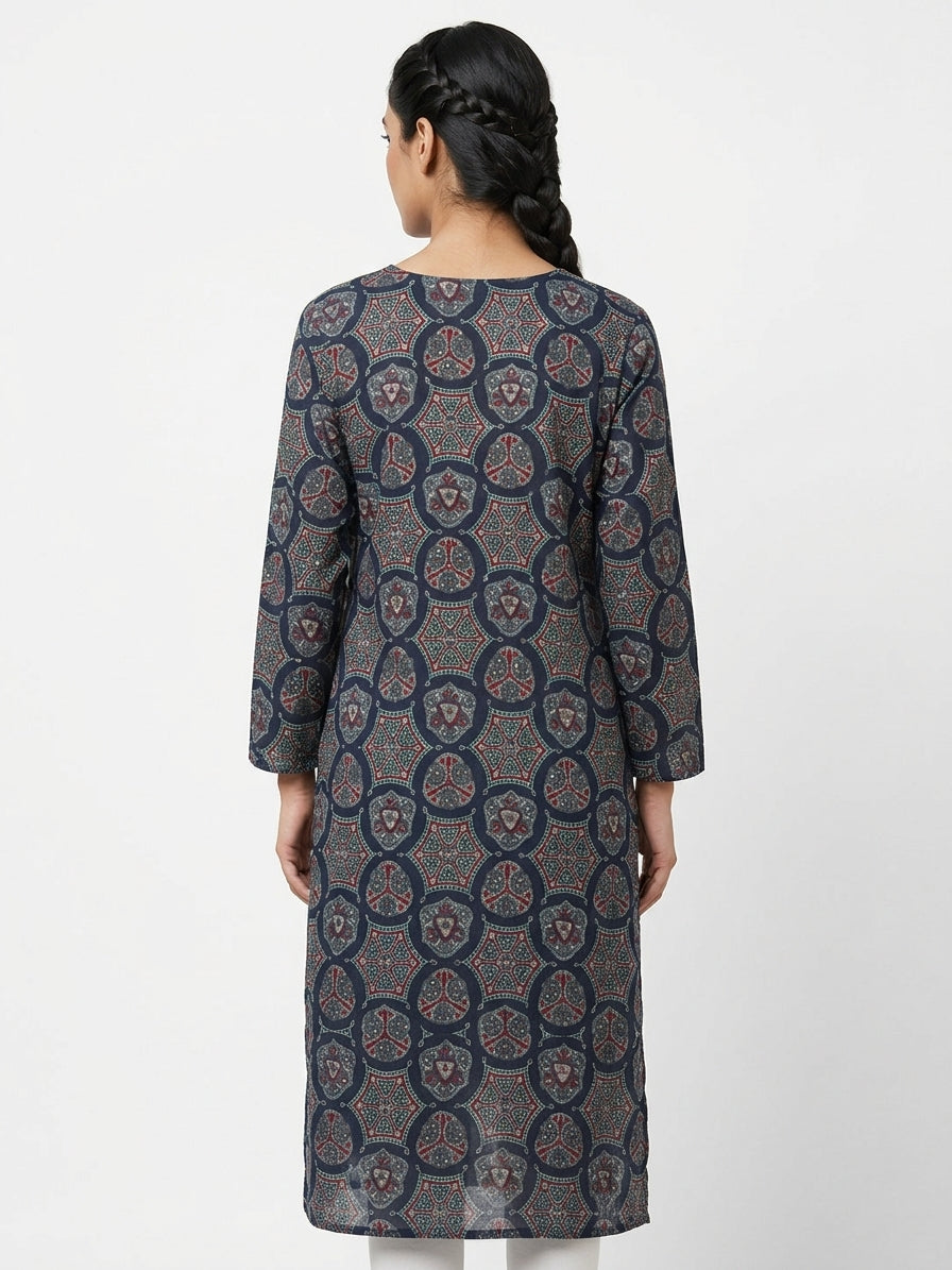 Navy Blue Ethnic Printed Kurti