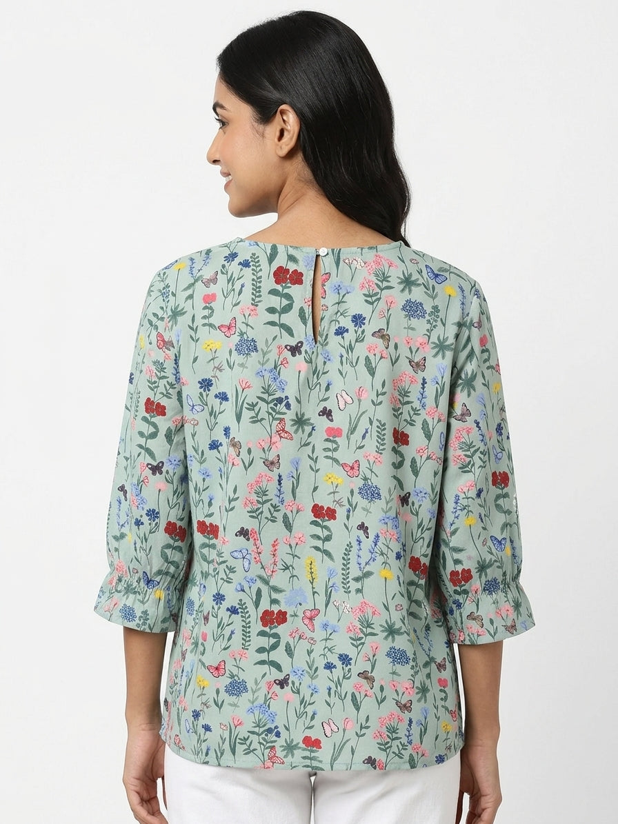 Women's Mint Floral Butterfly Print Top