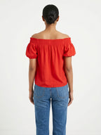 Red Shirred Neckline Off-Shoulder Top