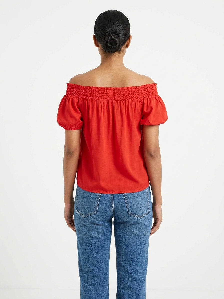 Red Shirred Neckline Off-Shoulder Top
