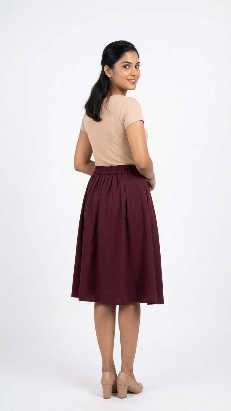 Burgundy Pleated A-line Skirt