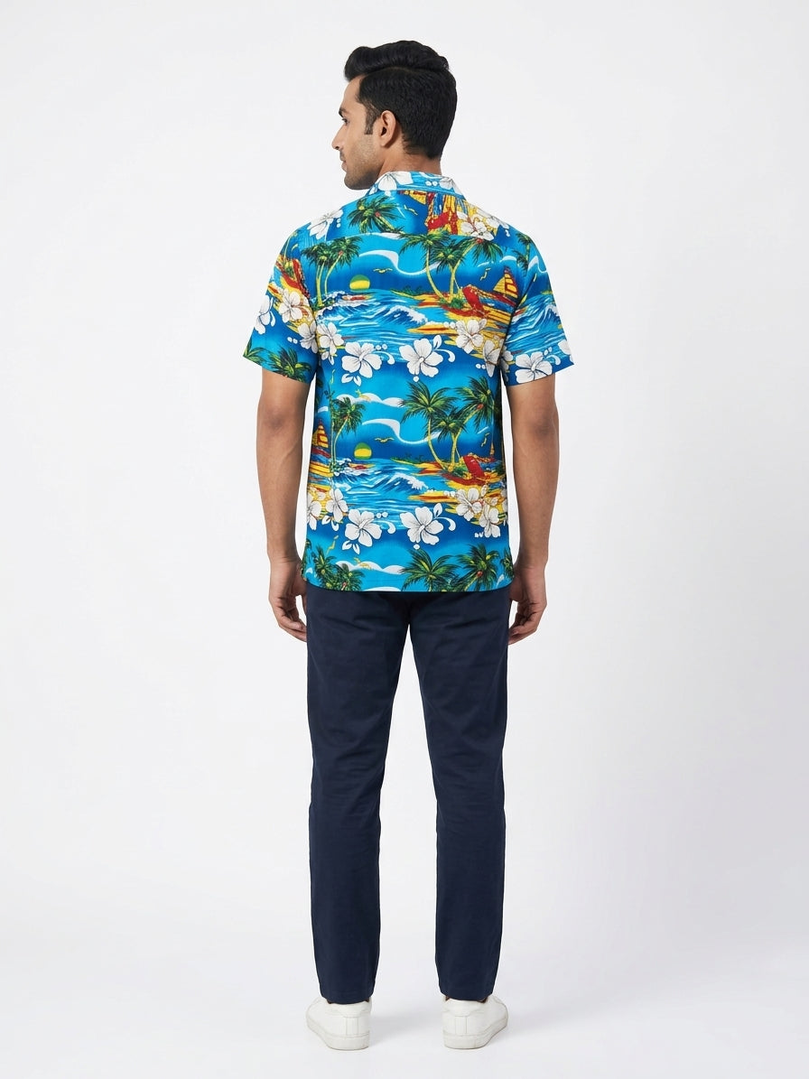 Blue Tropical Print Casual Hawaiian Shirt