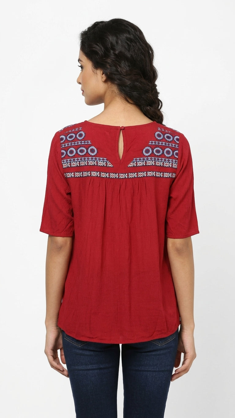 Red Embroidered Casual Top