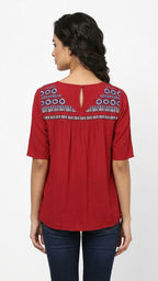 Red Embroidered Casual Top