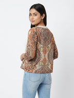 Women's Brown Paisley Print Open-Front Shrug with Pearl Trim