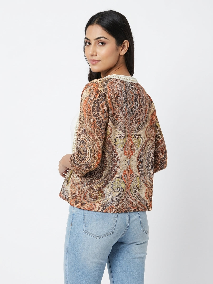 Women's Brown Paisley Print Open-Front Shrug with Pearl Trim