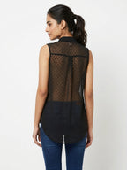 Black Sheer Polka Dot Sleeveless Button-Up Top