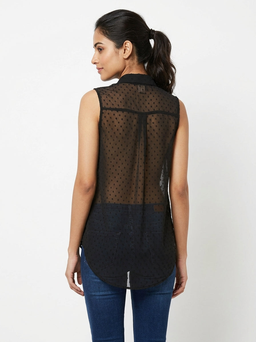 Black Sheer Polka Dot Sleeveless Button-Up Top
