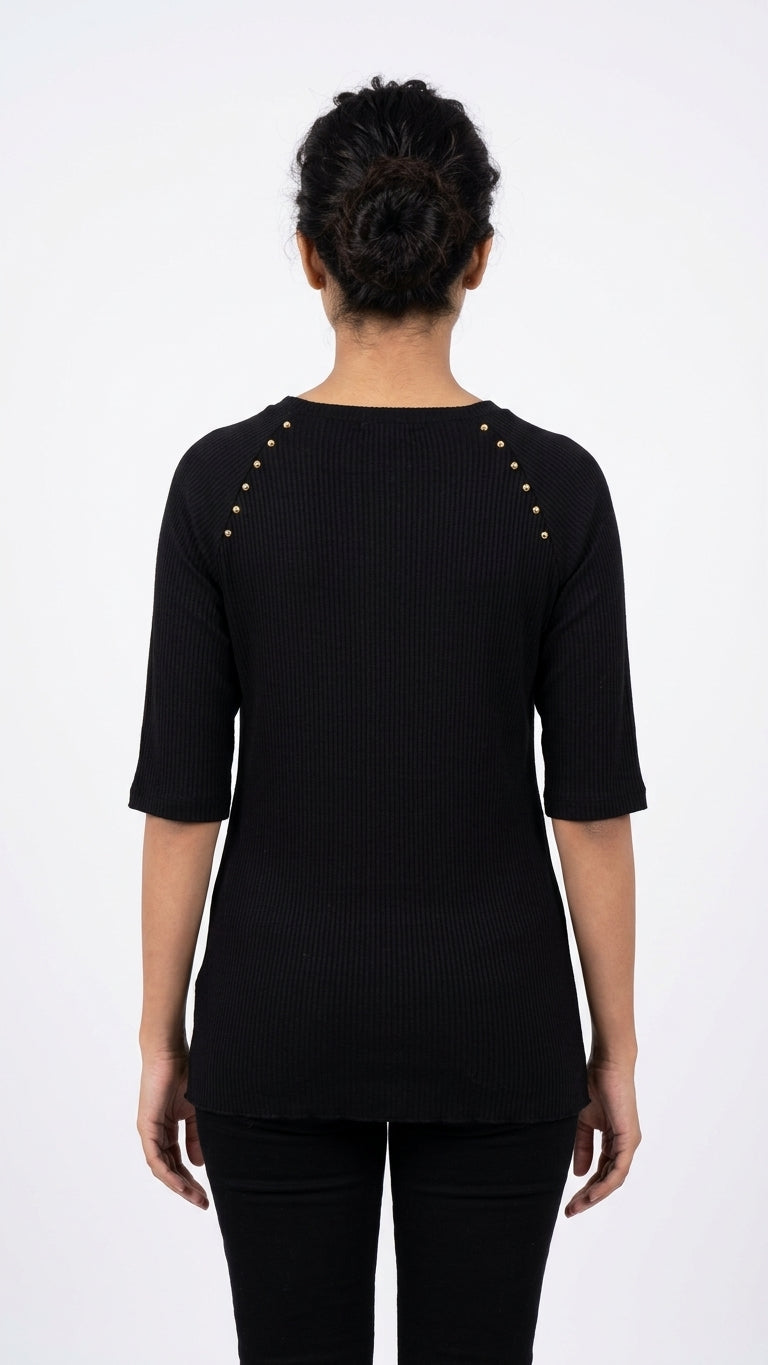 Black Ribbed Knit Top with Stud Embellishment