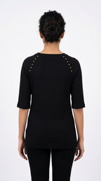 Black Ribbed Knit Top with Stud Embellishment