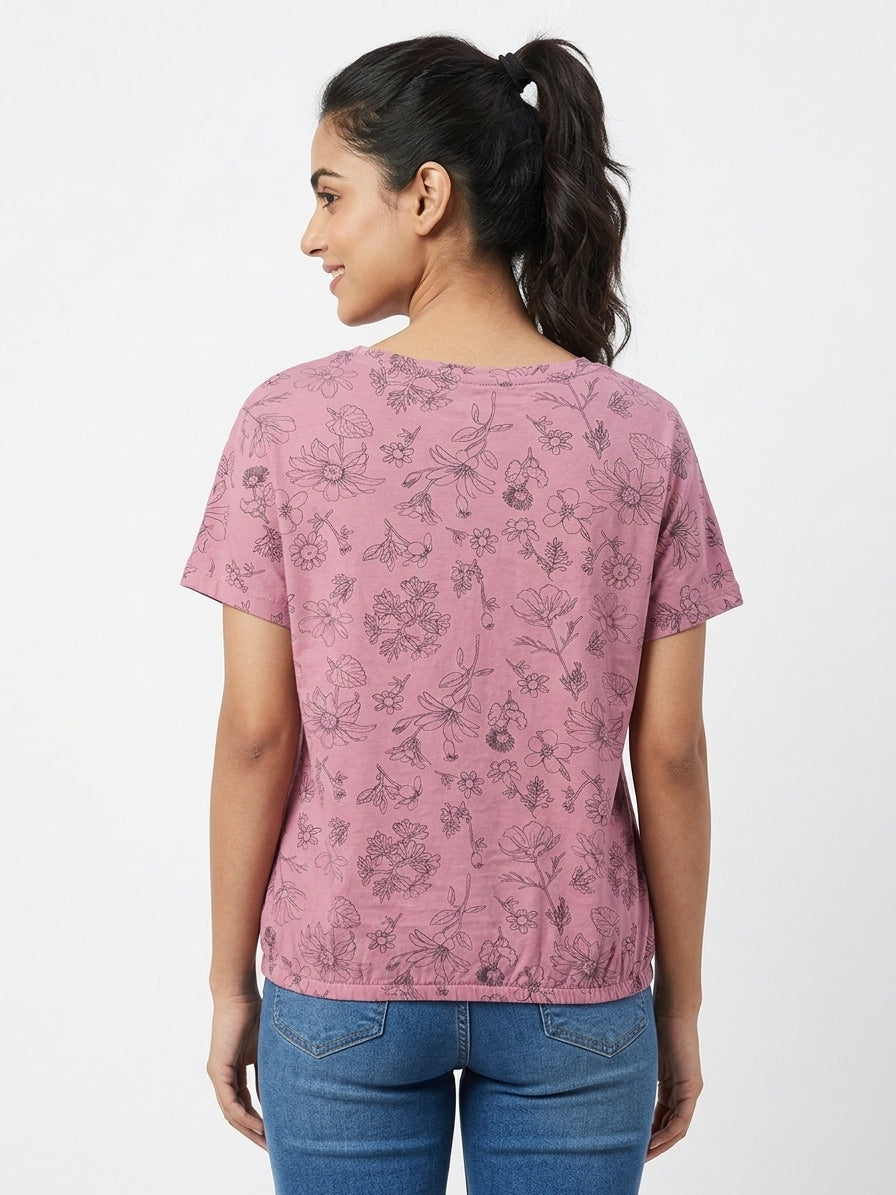 Pink Floral Print Round Neck Short Sleeve Top