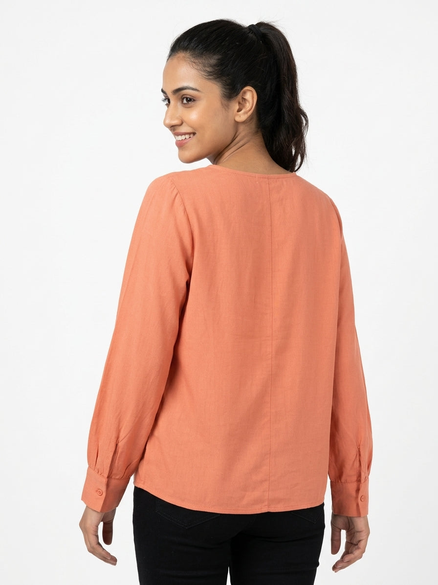 Peach Casual Round Neck Pintuck Top