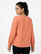 Peach Casual Round Neck Pintuck Top