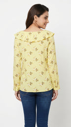 Yellow Floral Print Casual Long Sleeve Top