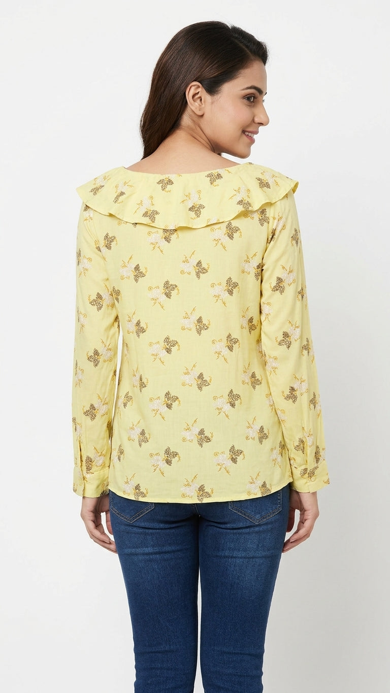 Yellow Floral Print Casual Long Sleeve Top